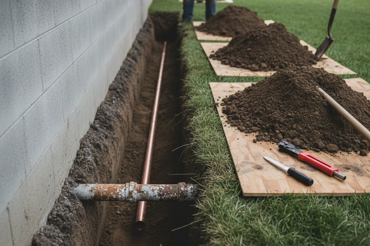 Excavated water line trench during Water Heater Repair in Orlando